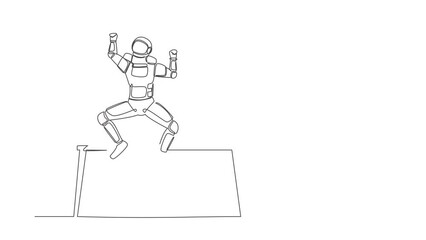 Poster - Animated self drawing of continuous line draw astronaut jumping with raised hands near desk workplace. Celebrate successful wormhole journey. Cosmonaut outer space. Full length single line animation