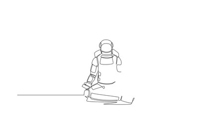 Poster - Animated self drawing of single continuous line draw astronaut sitting with yoga pose, meditation. Relaxed spaceman after galactic exploration. Cosmonaut deep space. Full length one line animation