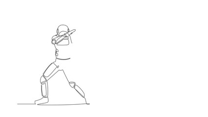 Poster - Self drawing animation of single line draw astronaut standing with crossing arms look down. Cheerful expression after interstellar journey. Cosmic galaxy. Continuous line draw. Full length animated