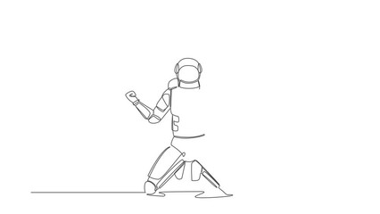 Poster - Animated self drawing of continuous line draw happy astronaut kneeling with both hands yes gesture, celebrating success in orbital adventure. Cosmonaut outer space. Full length single line animation