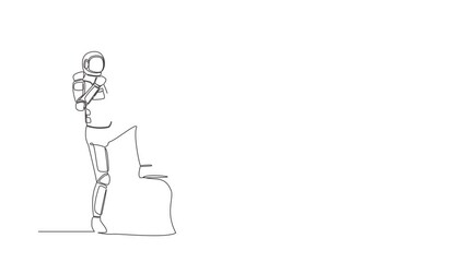 Poster - Self drawing animation of single line draw astronaut standing with raised one leg and doing yes gesture. Happy successful planet exploration. Cosmic galaxy space. Continuous line. Full length animated