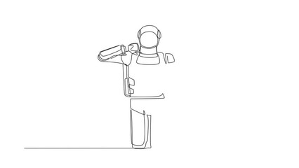Poster - Animated self drawing of continuous line draw astronaut standing with thumb down sign. Dislike, disagree, disappointment, disapprove, no deal. Cosmonaut deep space. Full length one line animation