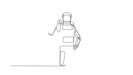 Poster - Self drawing animation of single line draw astronaut standing with pointing his head, thinking something. Feeling optimistic, visionary. Cosmic galaxy space. Continuous line draw. Full length animated