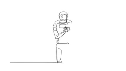 Poster - Animated self drawing of continuous one line draw astronaut standing with keeping hands on chest. Spaceman suffering from chest pain or heart attack. Cosmonaut space. Full length single line animation