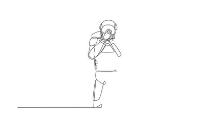 Poster - Animated self drawing of continuous line draw young astronaut standing with covering mouth with hands, shocked with shame for mistake. Cosmonaut outer space concept. Full length single line animation