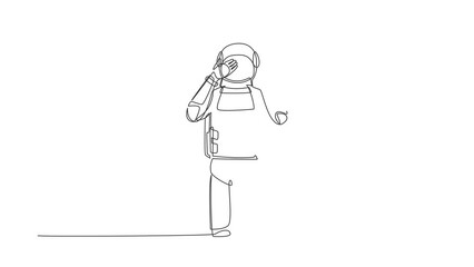 Poster - Self drawing animation of single line draw astronaut standing with covering eyes with hands because of disgust, reluctance to see something. Cosmic galaxy space. Continuous line. Full length animated