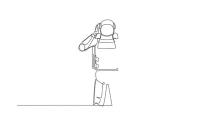 Poster - Animated self drawing of continuous line draw astronaut standing with covering ears with hands, making don't hear or listen gesture. Cosmonaut outer space concept. Full length single line animation