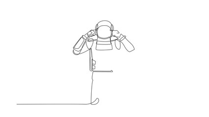Poster - Animated self drawing of continuous line draw young astronaut covering ears with fingers with annoyed expression for noise of loud sound or music. Cosmonaut deep space. Full length one line animation