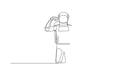 Poster - Animated self drawing of continuous line draw astronaut standing with gestures two hand fist up. Strong spaceman exploration galaxy with spaceship. Cosmonaut deep space. Full length one line animation