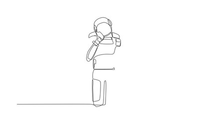 Poster - Self drawing animation of single one line draw astronaut standing with keeping hand on cheek. Spaceman suffering from toothache. Future technology. Cosmic galaxy. Continuous line. Full length animated