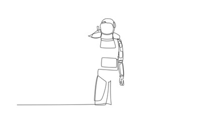 Poster - Animated self drawing of continuous line draw of young astronaut standing with making 'L' symbol, showing loser sign on forehead with fingers. Cosmonaut outer space. Full length single line animation