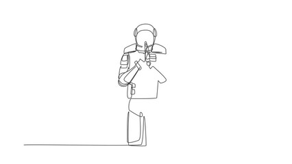Poster - Self drawing animation of single line draw astronaut standing with holding palms in prayer. Spaceman emotion, body language gesture. Cosmic galaxy space concept. Continuous line. Full length animated