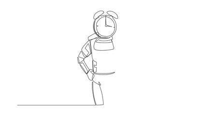 Poster - Animated self drawing of continuous line draw of astronaut with alarm clock instead of head. Spaceman stress in spaceship exploration project. Cosmonaut outer space. Full length single line animation