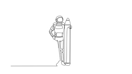 Poster - Animated self drawing of single continuous line draw young astronaut holding big pencil and looking clipboard in moon surface. Expedition document. Cosmonaut deep space. Full length one line animation
