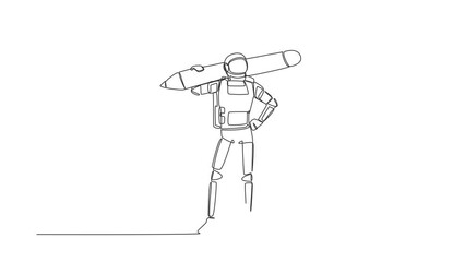 Poster - Animated self drawing of continuous line draw astronaut carrying big pencil and looking clipboard in moon surface. Checklist of spaceship duty. Cosmonaut deep space. Full length one line animation