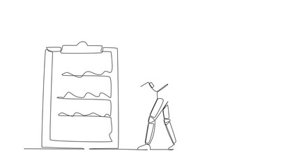 Poster - Self drawing animation of single line draw astronaut standing mark checklist with pencil in moon surface. Spaceship checklist project. Cosmic galaxy space. Continuous line draw. Full length animated