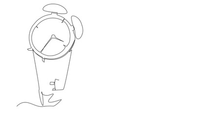 Poster - self drawing animation of single line draw of astronaut in hot air balloon with alarm clock looking 