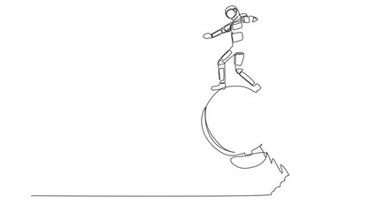 Poster - Animated self drawing of continuous line draw astronaut riding alarm clock rocket ship with fire in moon surface. Space expedition launching. Cosmonaut outer space. Full length single line animation