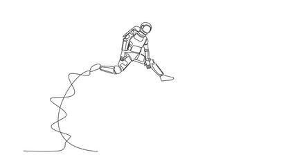 Poster - Animated self drawing of continuous line draw astronaut jumping over house in moon surface. Housing loan real estate investment in outer planet. Cosmonaut deep space. Full length one line animation