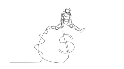 Poster - Self drawing animation of single line draw astronaut jumping over money pitfall with big money dollar symbol. Financial trap in spaceship. Cosmic galaxy space. Continuous line. Full length animated