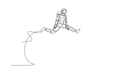 Poster - Animated self drawing of continuous line draw astronaut jumping over bomb. Explosion of economic crisis caused decrease company development. Cosmonaut outer space. Full length single line animation