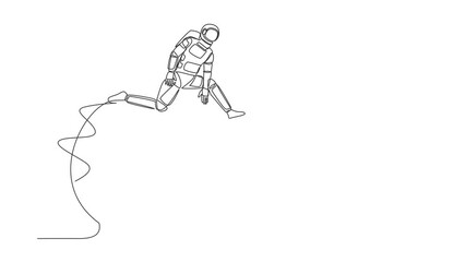 Poster - Self drawing animation of single line draw astronaut jumping over globe. International partnership, cooperation in spaceship expedition. Cosmic galaxy space. Continuous line draw. Full length animated