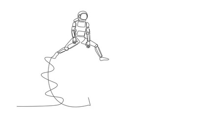 Poster - Animated self drawing of continuous line draw astronaut jumping on big archery bullseye target. Achievement and goals in spaceship expedition. Cosmonaut deep space. Full length one line animation