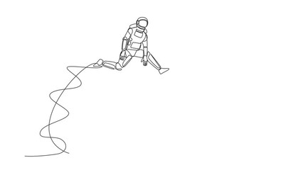 Poster - Animated self drawing of continuous line draw of astronaut jumping over piggy bank. Security money storage, saving for spaceship project investment. Cosmonaut space. Full length one line animation