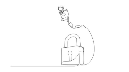 Poster - Self drawing animation of single line draw astronaut jumping padlock. Space company protection security. Success expedition key accessibility. Cosmic space. Continuous line draw. Full length animated
