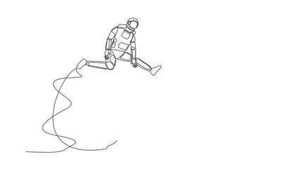 Poster - Animated self drawing of continuous line draw astronaut jump over shield. Protection and insurance for spaceship failure. Future development. Cosmonaut outer space. Full length single line animation