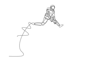Poster - Self drawing animation of single line draw astronaut jumping over chess horse knight. Brain intelligence for spaceship project. Tactical movement. Cosmic space. Continuous line. Full length animated