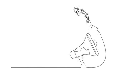 Poster - Animated self drawing of continuous line draw astronaut jumping over megaphone. Loudspeaker technology. Announcement in space office control. Cosmonaut outer space. Full length single line animation