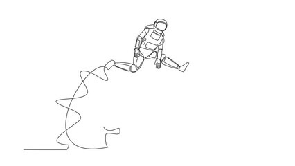 Poster - Self drawing animation of single line draw astronaut jumping over big gears. Developing spaceship innovation. Operation expedition management. Cosmic galaxy. Continuous line draw. Full length animated