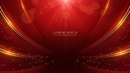 Wall Mural - golden and red curve lines with glittering light, light beam effects and bokeh decoration on red bac