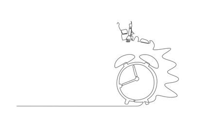 Poster - Animated self drawing of continuous line draw young astronaut jumping over alarm clock. Spaceship expedition deadline, working time efficiency. Cosmonaut outer space. Full length single line animation