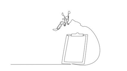 Poster - Animated self drawing of continuous line draw astronaut jumping over clipboard. Checklist space expedition survey application paper sheets document. Cosmonaut space. Full length one line animation