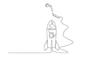 Poster - Animated self drawing of continuous line draw astronaut jumping over big spacecraft rocket. Successful galactic expedition launch preparation. Cosmonaut deep space. Full length one line animation