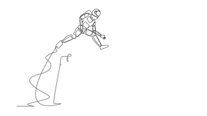 Poster - Animated self drawing of continuous line draw of young astronaut jumping over big calendar. Planning and schedule spaceship expedition project. Cosmonaut outer space. Full length single line animation