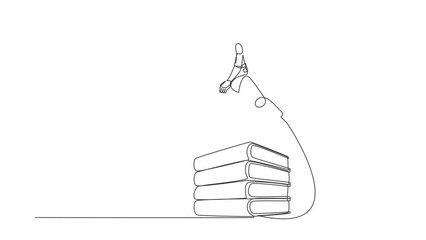 Poster - Animated self drawing of continuous line draw astronaut jump over pile of binders. Spaceship expedition paperwork document. Information classification. Cosmonaut space. Full length one line animation