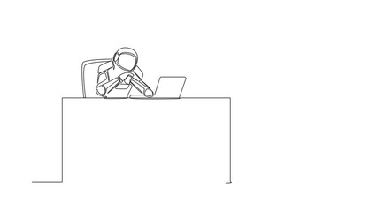 Aufkleber - Self drawing animation of single line draw frustrated astronaut in doubt with hand on chin gesture. Future space technology development. Cosmic galaxy space. Continuous line draw. Full length animated