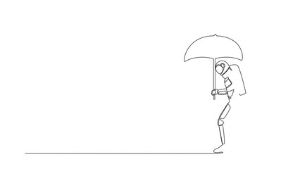 Poster - self drawing animation of single line draw astronaut walking with umbrella under rain cloud. failed 