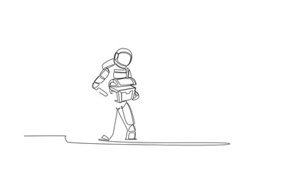 Poster - Animated self drawing of continuous line draw astronaut carrying chest treasure in moon ground. Spaceman finding gem box artefact. Gold hunting. Cosmonaut deep space. Full length one line animation