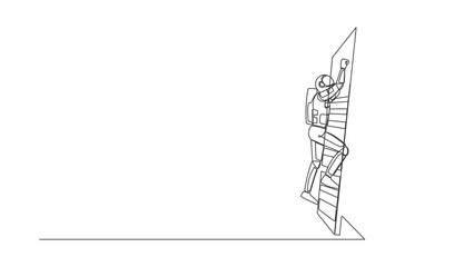 Poster - Animated self drawing of continuous line draw of astronaut climbing up the wall with ladder in moon. Spaceship expedition business obstacle. Cosmonaut outer space. Full length single line animation
