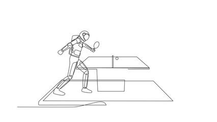 Poster - Animated self drawing of continuous line draw table tennis court with two astronaut players on smartphone screen. Professional sports competition. Cosmonaut deep space. Full length one line animation