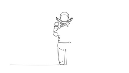 Poster - Animated self drawing of single continuous line draw young astronaut standing with crossing arms and making X shape, stop sign with hands. Cosmonaut deep space concept. Full length one line animation