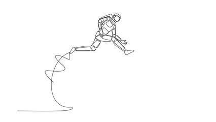 Poster - Animated self drawing of continuous line draw astronaut jumping over clock. Time management and scheduling in space expedition. Work effectiveness. Cosmonaut deep space. Full length one line animation