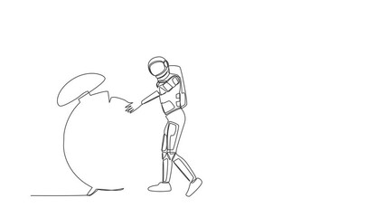 Poster - Animated self drawing of continuous line draw young astronaut hugging huge alarm clock in moon surface. Deadline spaceship expedition project. Cosmonaut deep space. Full length one line animation