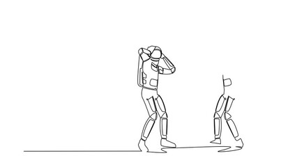 Poster - self drawing animation of single line draw frustrated astronaut see himself failure in mirror. menta
