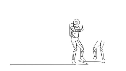 Poster - Animated self drawing of continuous line draw astronaut in spacesuit taking selfie in front of mirror. Addiction on smartphone internet satellite. Cosmonaut deep space. Full length one line animation