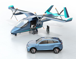 Wall Mural - Electric SUV parking in front of an Electric VTOL passenger aircraft. Urban Passenger Mobility concept. 3D rendering image.